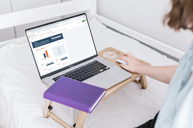 a person using a laptop on a bed to manage their finances